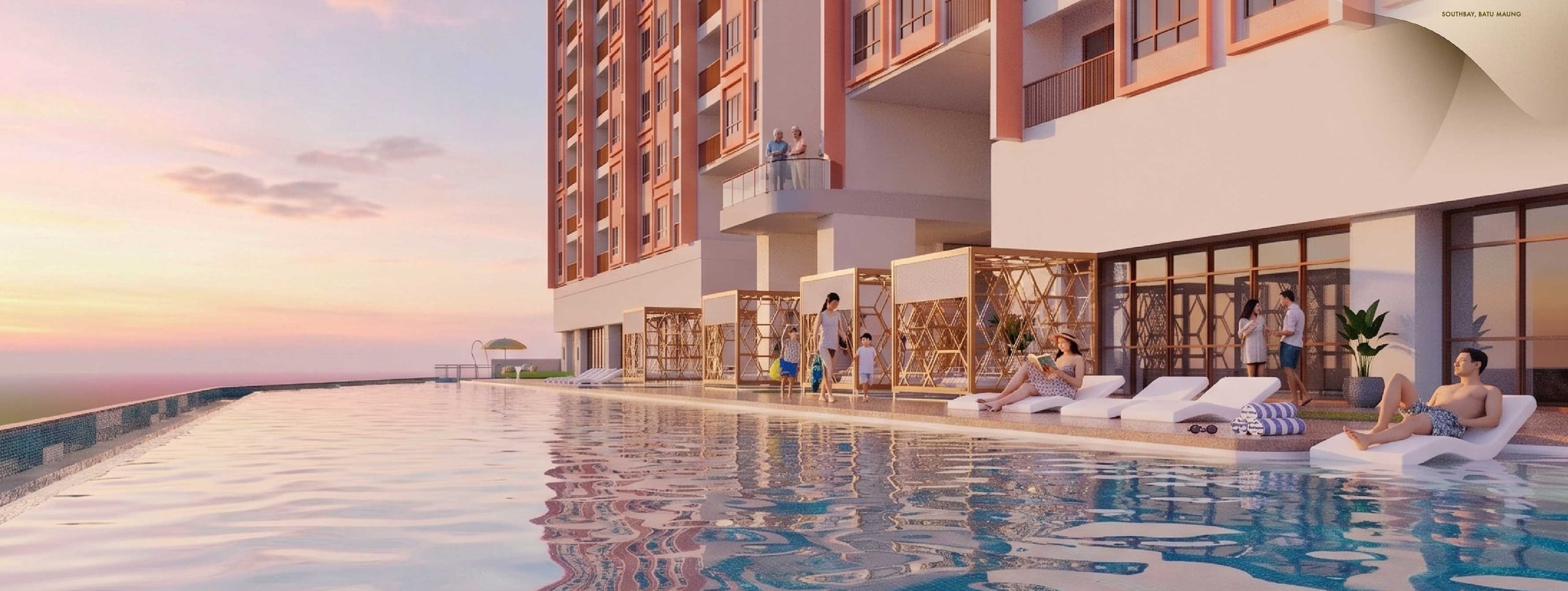 Fifty-metre infinity lap pool at sunset looking out towards the water
