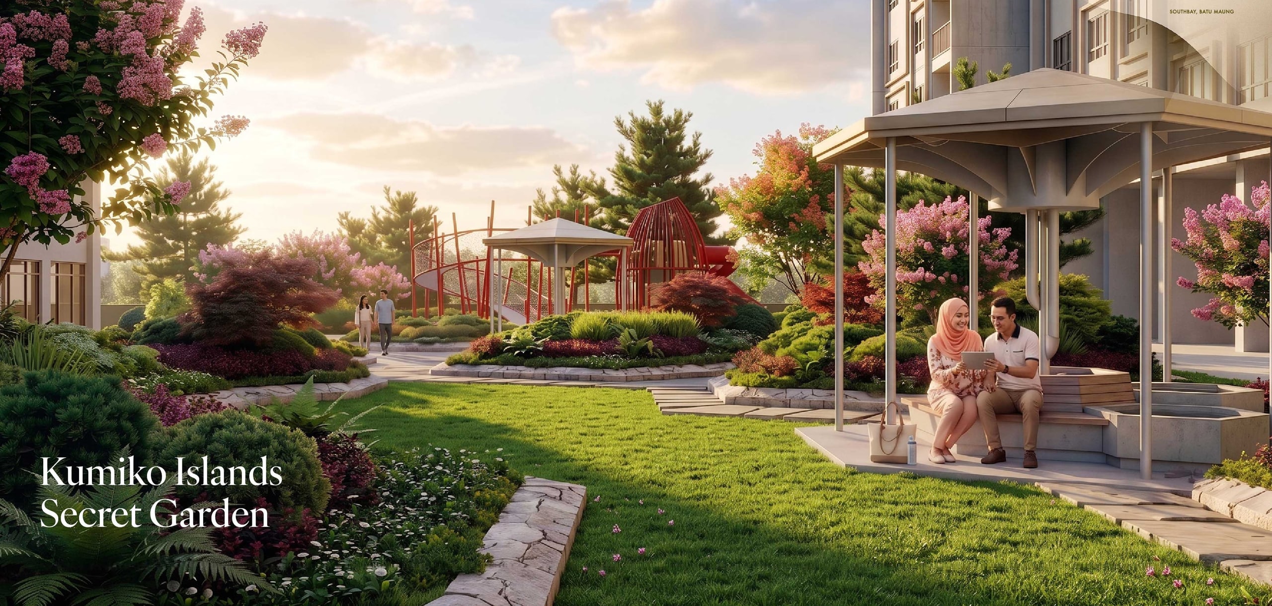Hexagonal planted islands and timber walkways in the Kumiko Islands Secret Garden