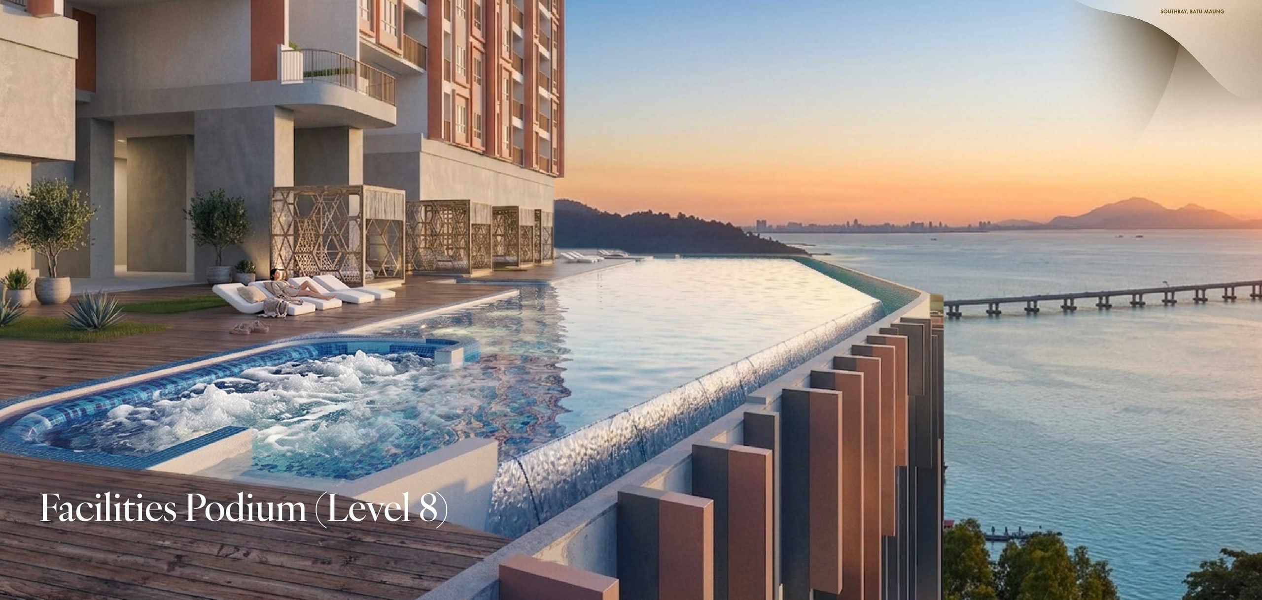 Level 8 podium deck showing the jacuzzi and the edge of the infinity pool at dusk