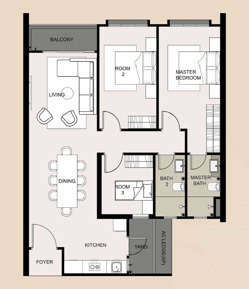 Type B layout, 990 square feet