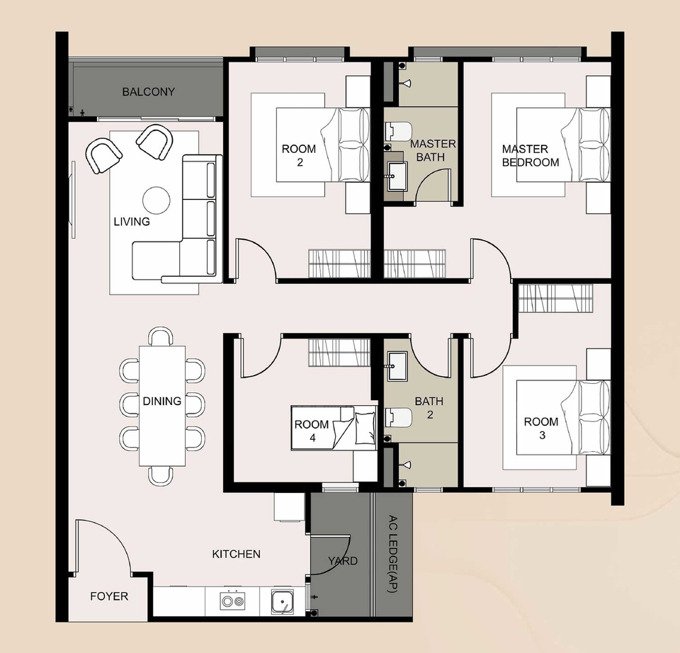 Type C layout, 1,211 square feet